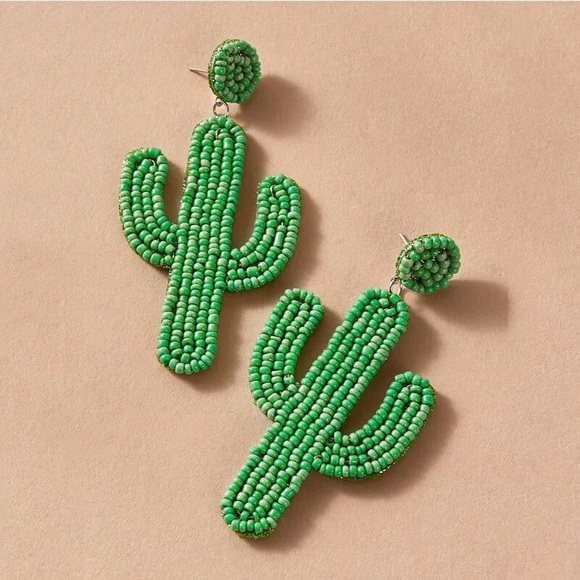 Cactus Glass Bead Green Statement Desert Plant Southwestern Dangle Party Earring - Picture 1 of 6